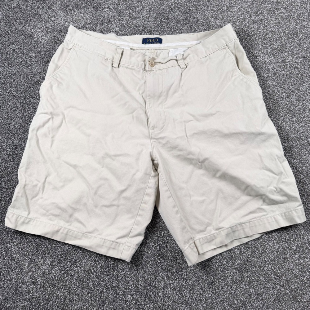 Polo Ralph Lauren Chino Shorts 34x9 Khaki Beige Cotton Twill Flat Front Classic